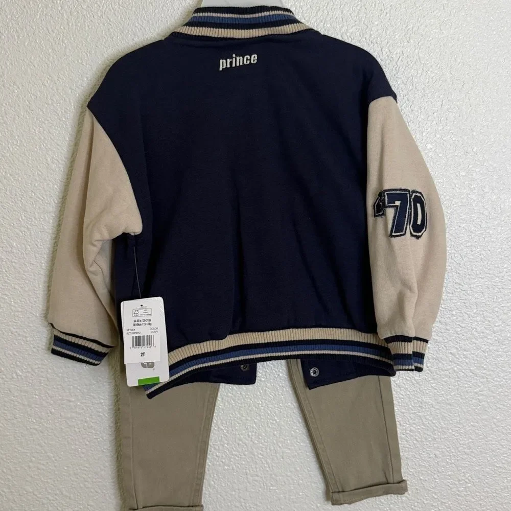 Prince- Navy and Beige Striped Collar Jacket pant set- 2T